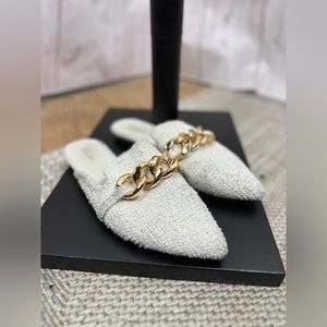 Tilocow Slippers for Women Pointed Toe Slip On Backless White&Gold Size 9